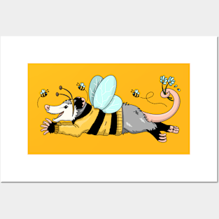 Opossum with bee costume and bumble bees Posters and Art